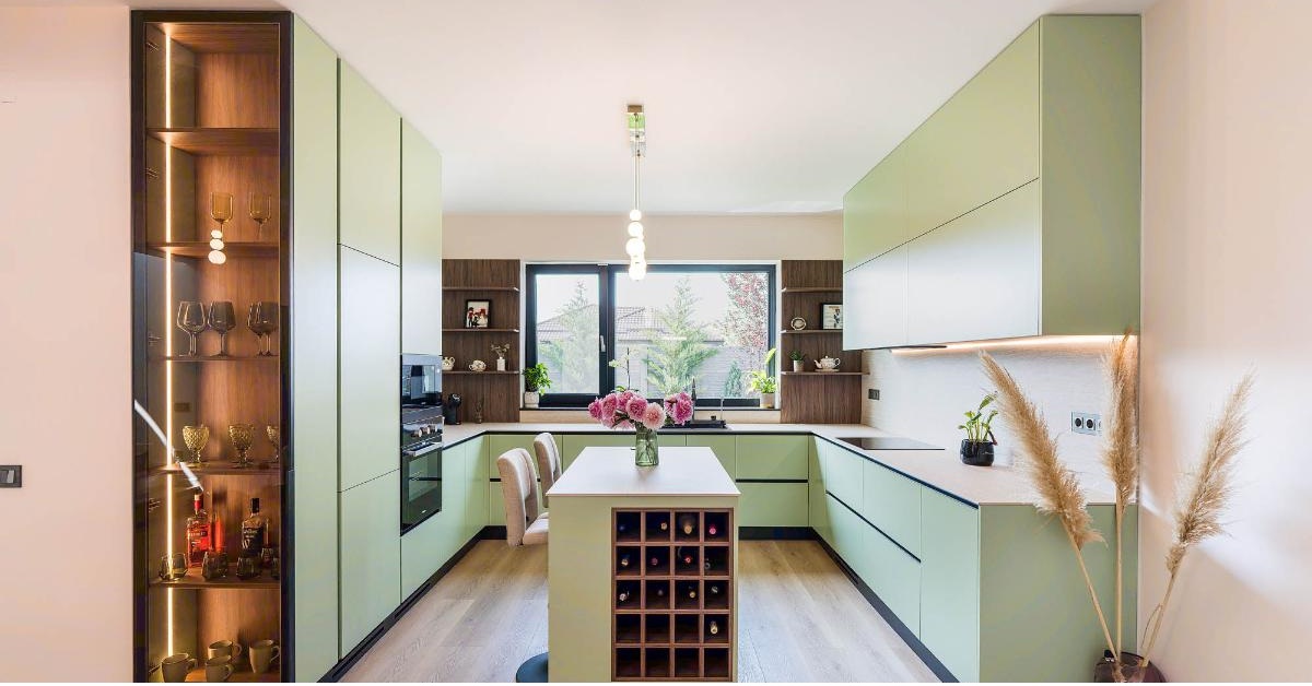 mobilier de bucătărie verde cu insula